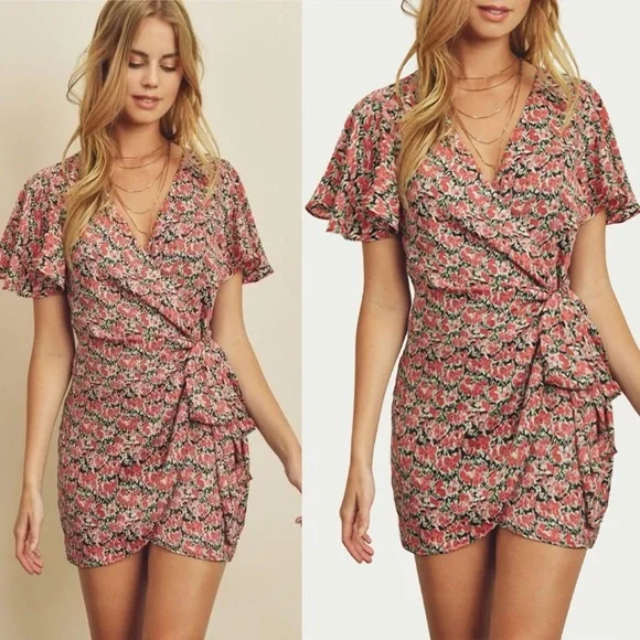 DRESS FORUM Floral-Print Satin Wrap Mini Dress - Picture 2 of 14